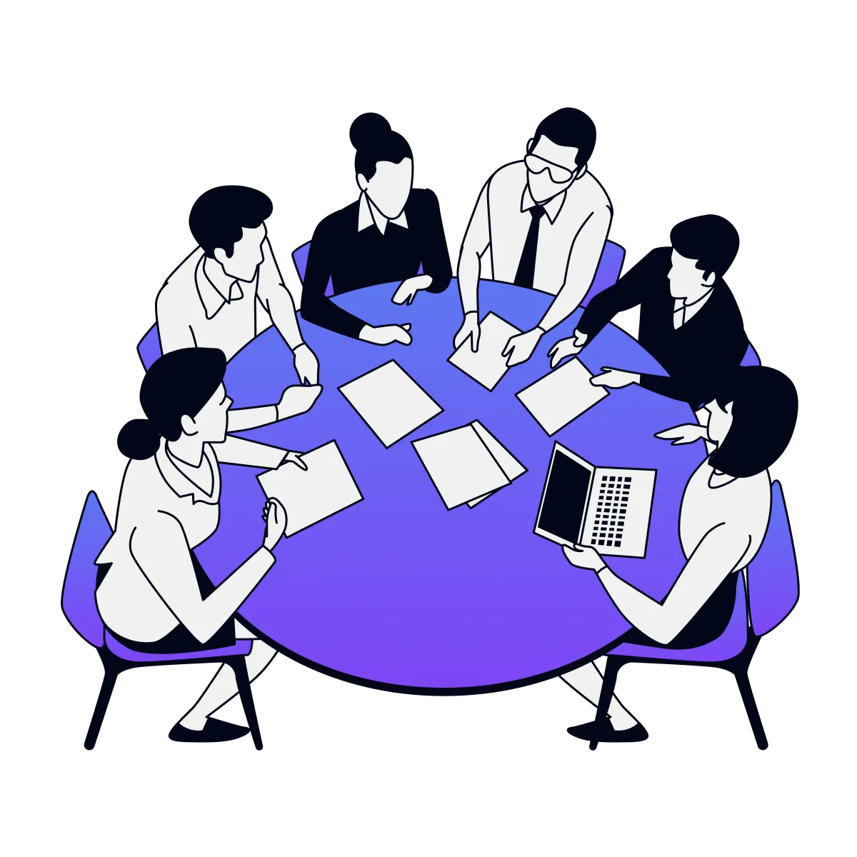 illustration of company members discussing a project together with clients at a roundtable meeting as a part of our consultation service.