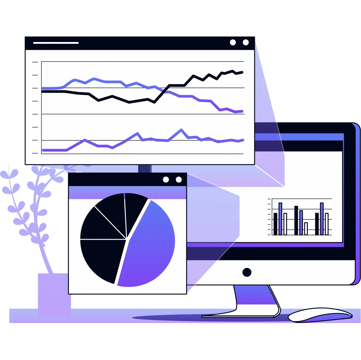 illustration showing a screen with analytical analysis of a website and its marketing and advertising compaign performance.